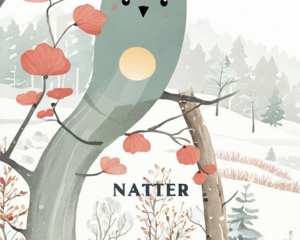 Whimsical tree scene with creature and red leaves
