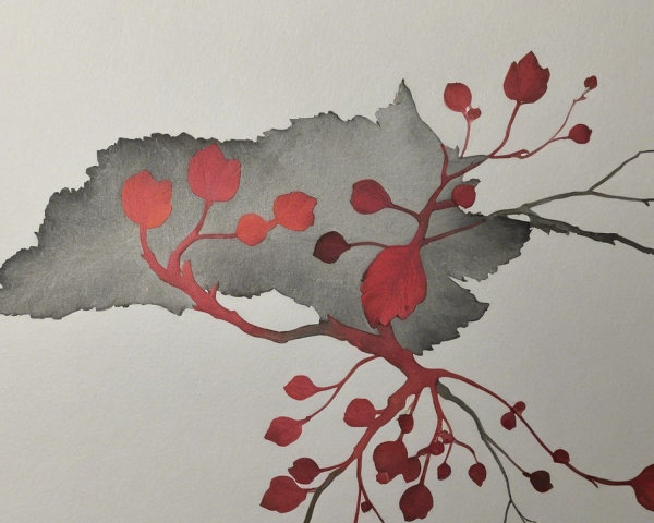Red Foliage and Branches on Soft Grey Background