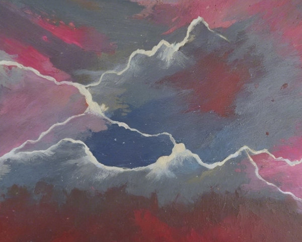 Vibrant Abstract Landscape with Swirling Clouds and Mountains