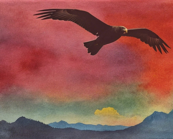 Eagle Soaring Over Vibrant Dusk Sky and Mountains