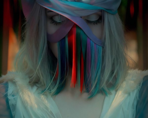 Close-up of a person with pastel hair and abstract mask