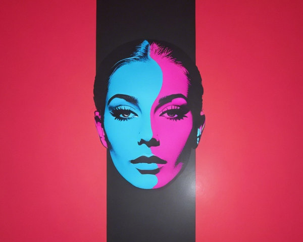 Split-Face Artwork in Blue and Pink on Red Background