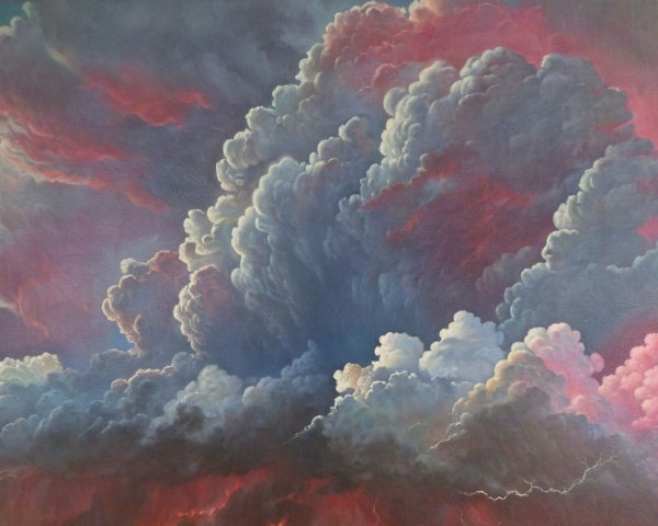 Dramatic Sky with Swirling Clouds and Lightning Streaks