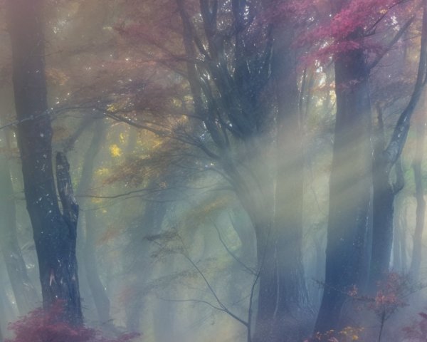 Mystical Forest with Autumn Leaves and Soft Mist