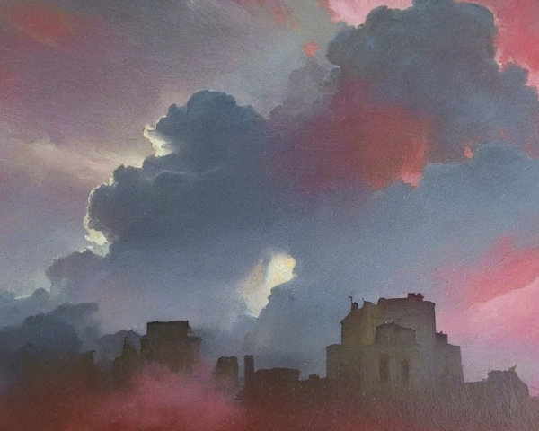 Dramatic Sky with Swirling Clouds Over City Skyline