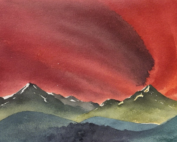 Vibrant Watercolor of Dramatic Sky and Landscape