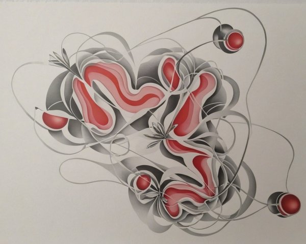 Abstract Design with Fluid Red and Gray Forms
