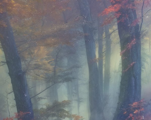 Misty Forest Scene with Ethereal Light and Foliage