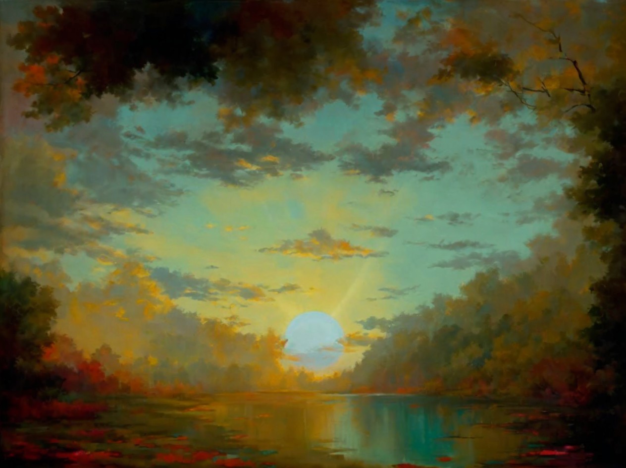 Serene Dusk Landscape with Tranquil River and Sunset