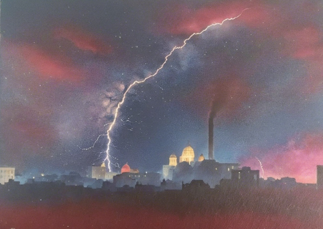 Twilight Skyline with Lightning and Urban Silhouettes