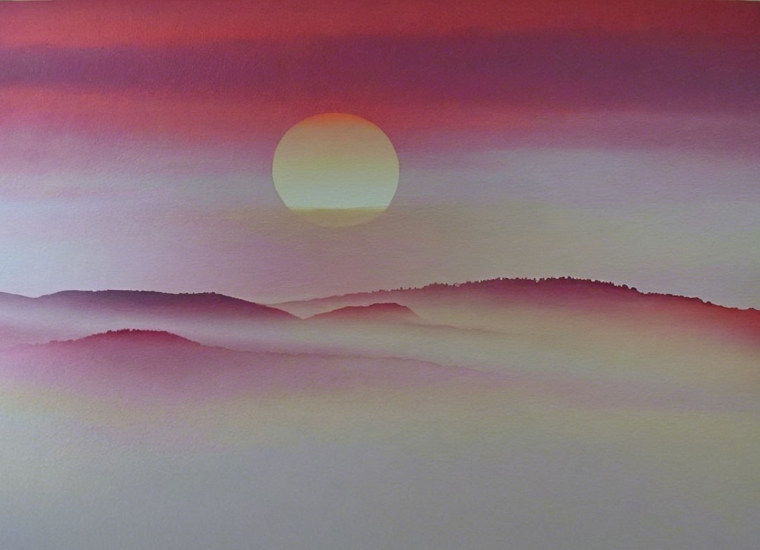Serene Pastel Sunset Over Rolling Hills and Valleys