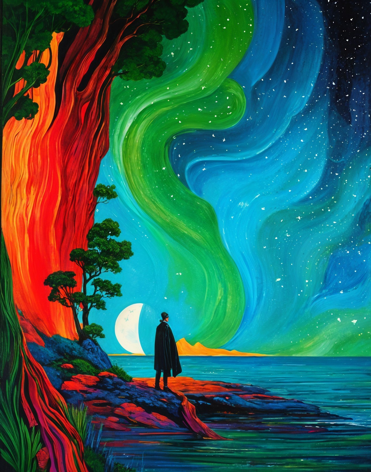 Vibrant Landscape with Towering Red Tree and Water