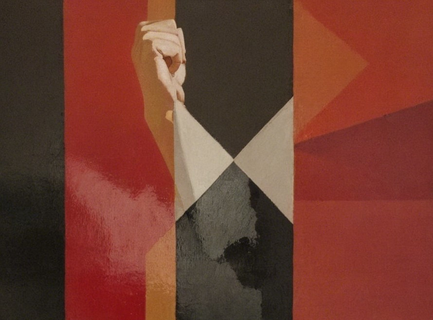 Surrealist Painting with Geometric Shapes and Colors