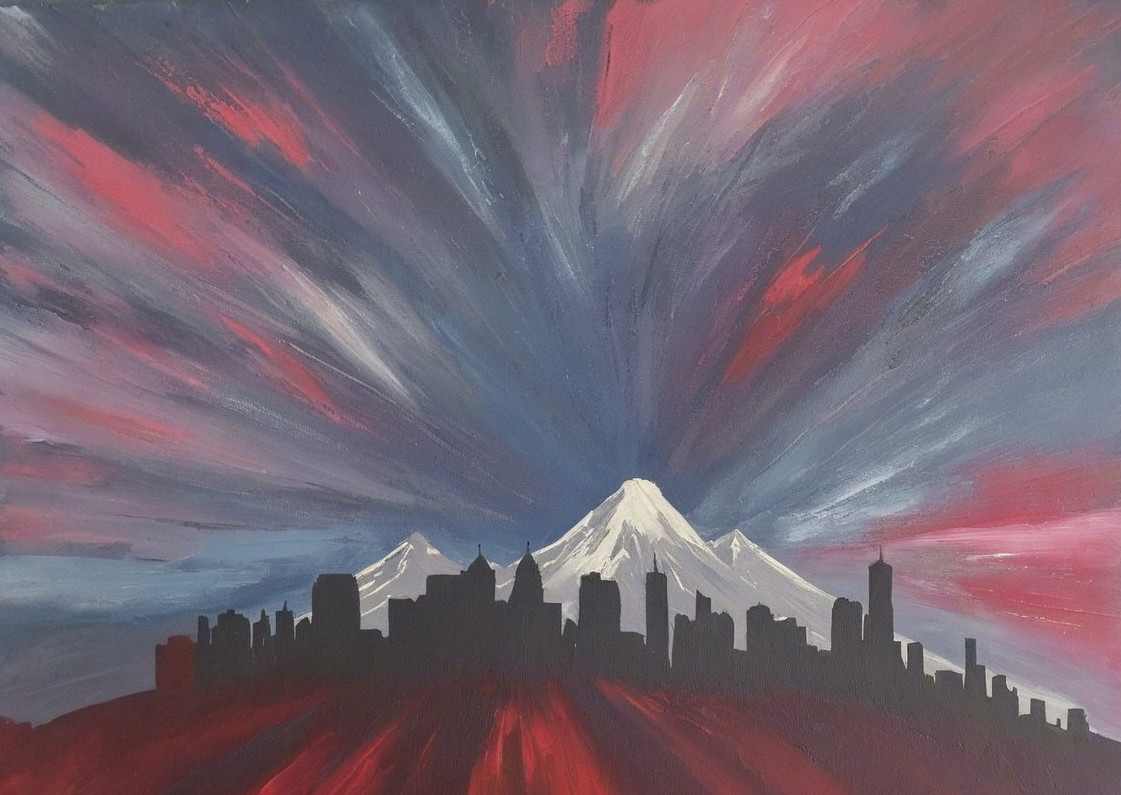 Dramatic City Skyline with Vibrant Swirling Sky