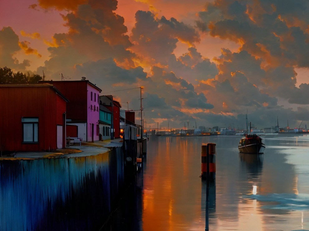 Tranquil Waterfront Scene at Dusk with Colorful Reflections