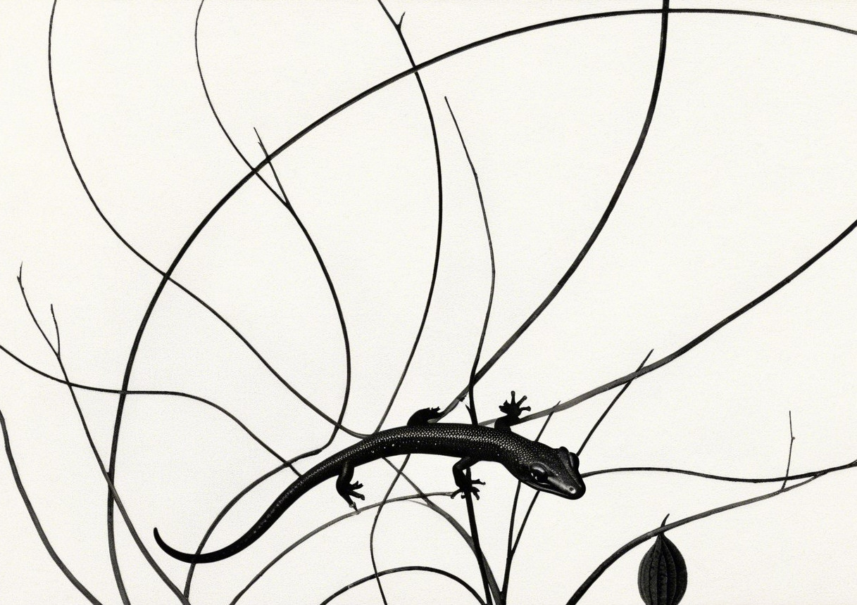 Black Lizard Silhouette Among Intricate Branches