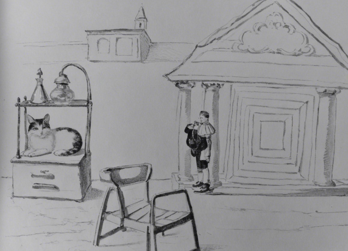Whimsical Sketch of Cat and Boy in Historical Setting