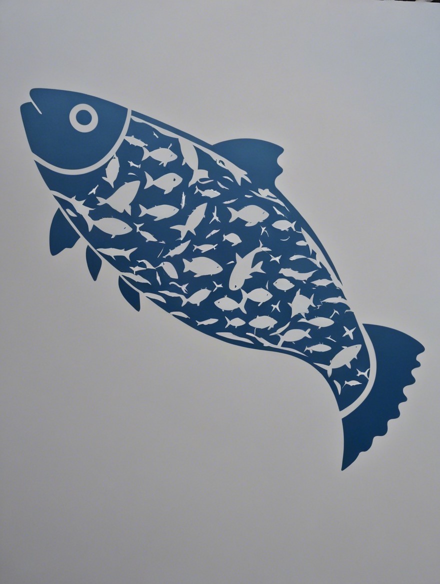 Large Blue Fish Silhouette with Smaller Fish Design