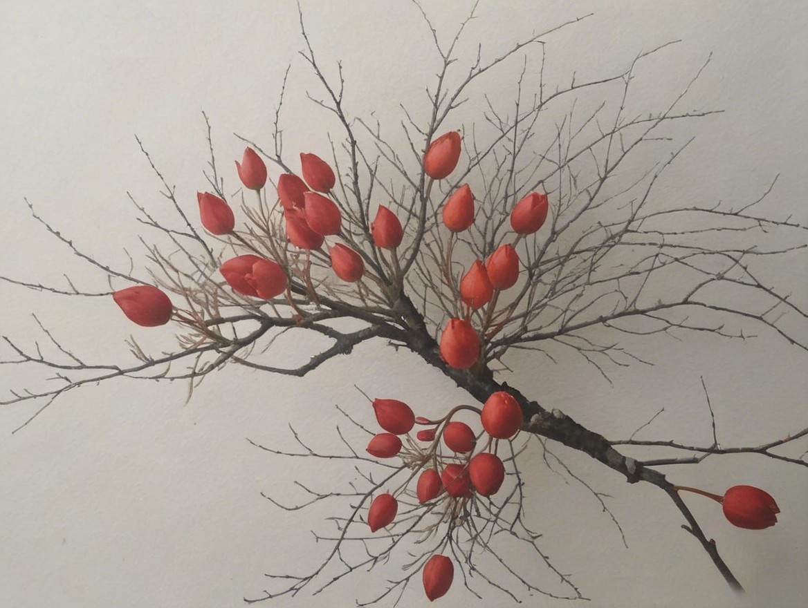 Delicate Branch with Vibrant Red Seed Pods