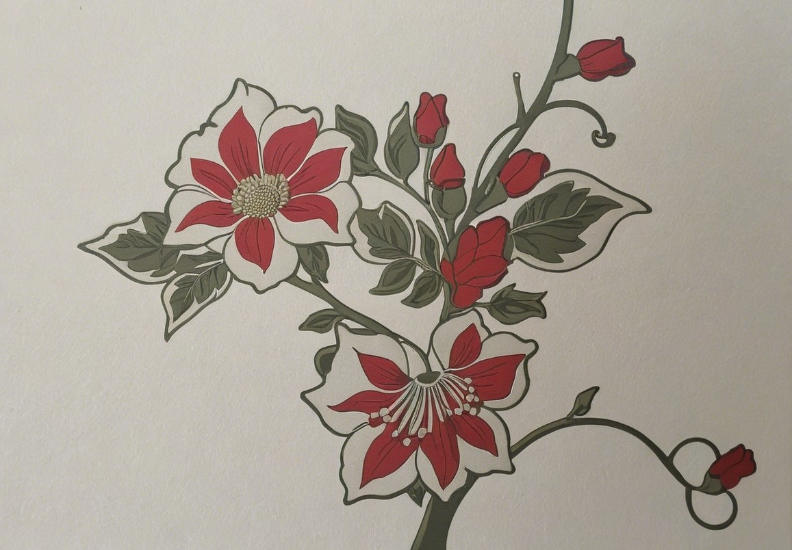 Floral Design with Red and White Flowers and Rosebuds