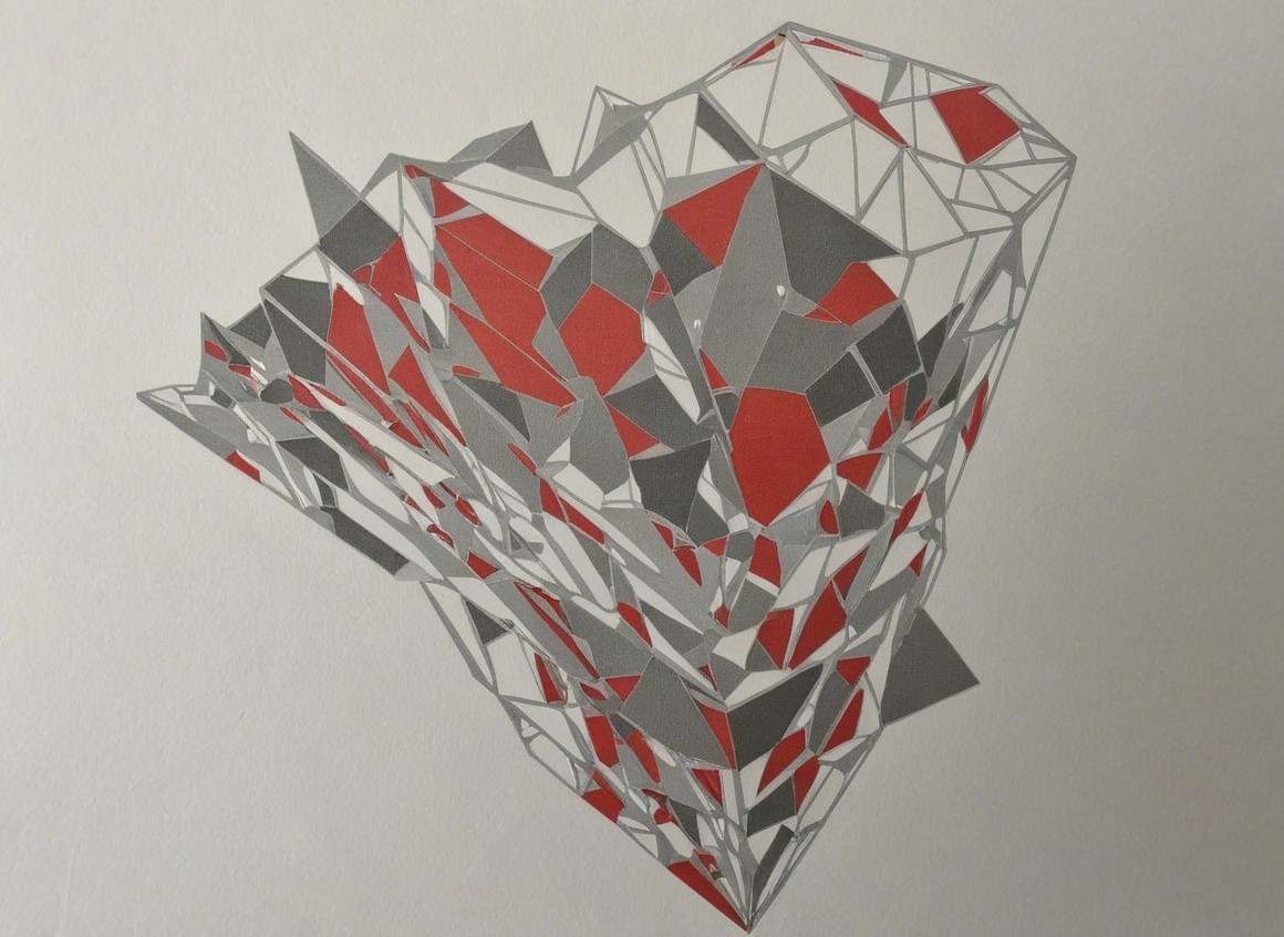 Geometric Artwork with Gray and Red Abstract Shapes