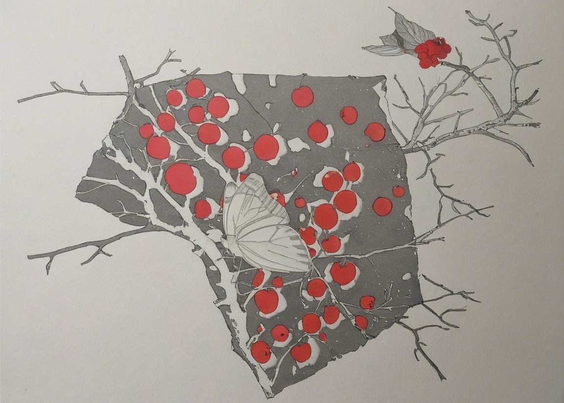 Gray Branches and Red Circles with White Butterfly