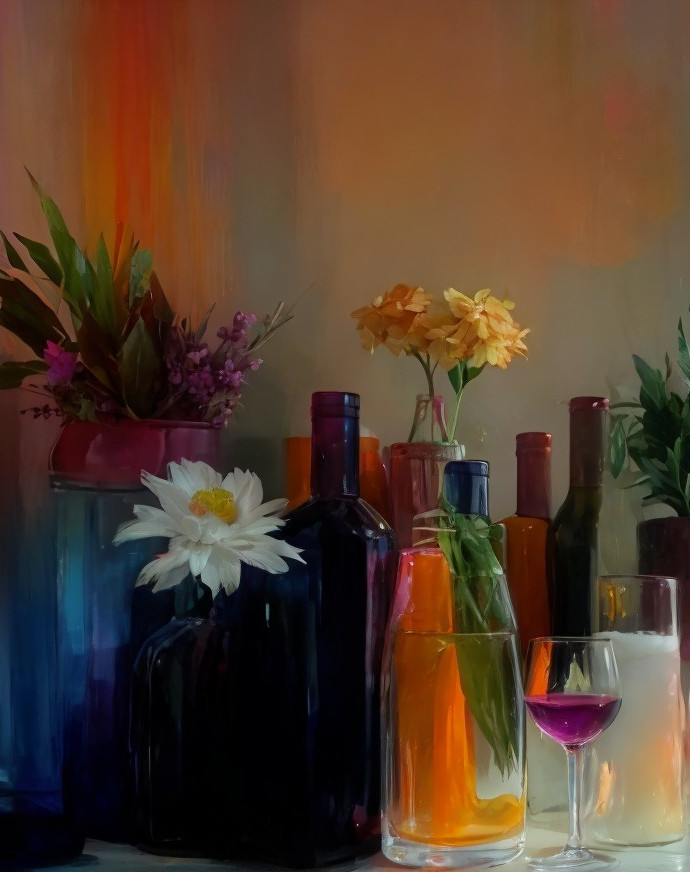 Colorful Glass Bottles and Vases with Vibrant Flowers