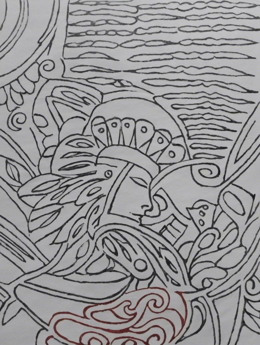 Intricate Line Drawing of a Stylized Warrior Figure