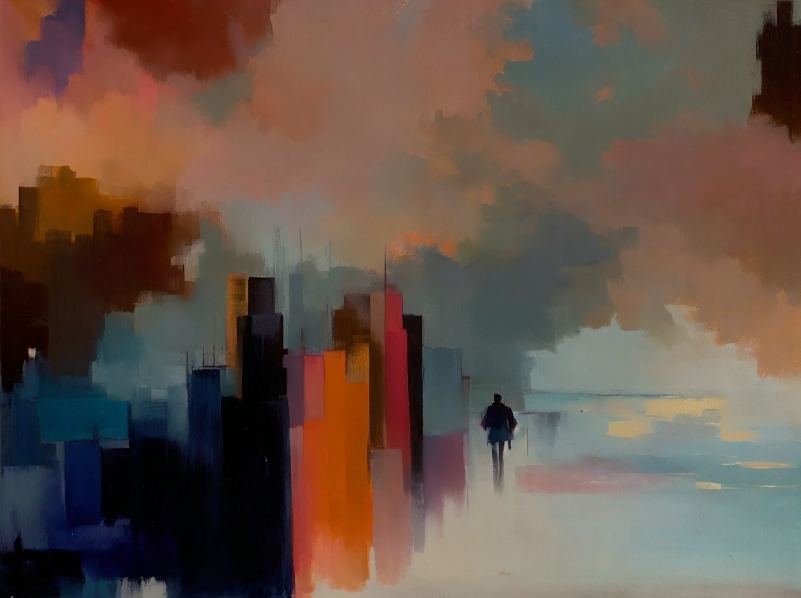 Solitary Figure Against Vibrant Abstract Skyscrapers