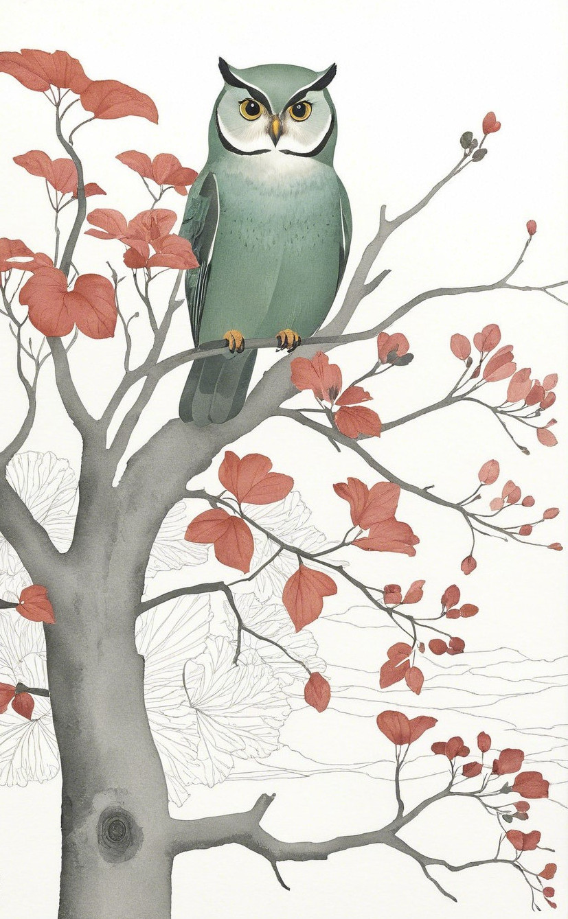 Stylized owl illustration with red leaves and gray trunk