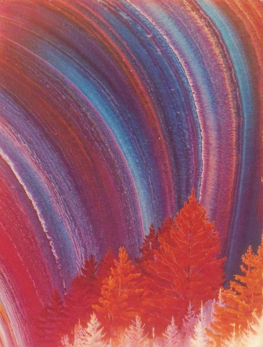 Vibrant Abstract Painting with Colorful Waves and Trees