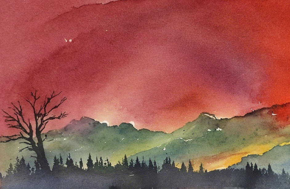 Watercolor Landscape of Sunset Over Mountain Range