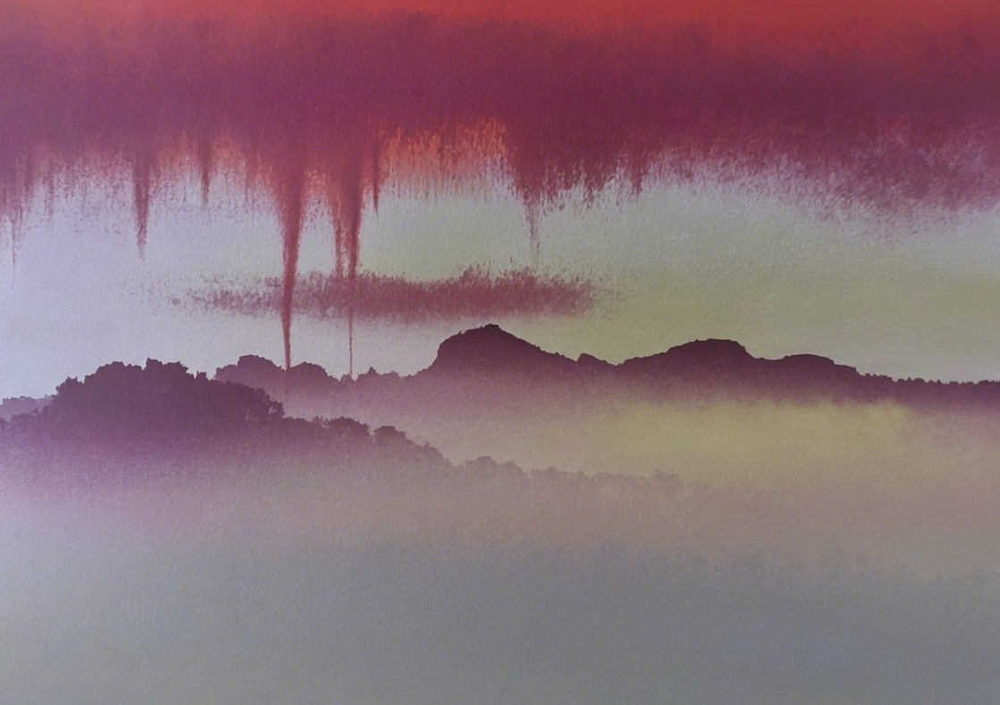 Layered Mountains and Misty Sky in Landscape Painting