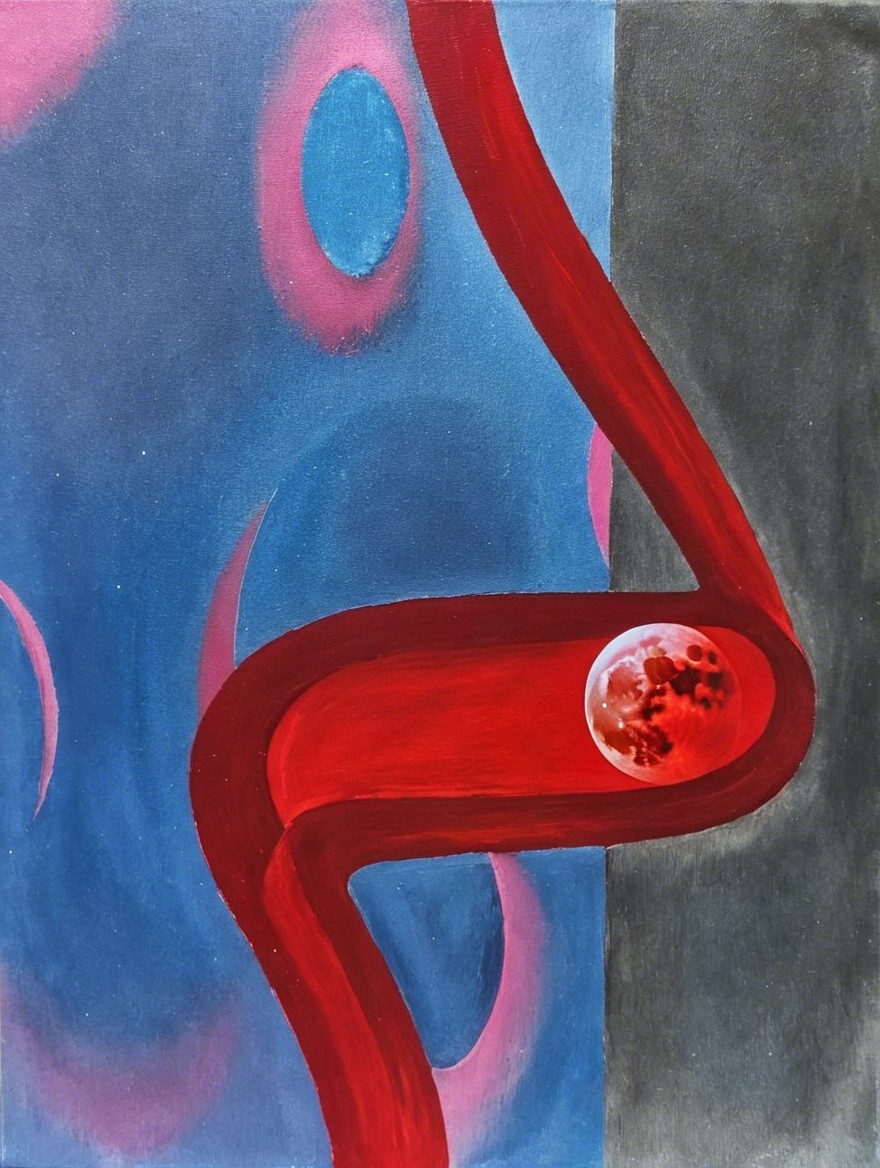 Abstract Artwork with Red Curve and Translucent Sphere