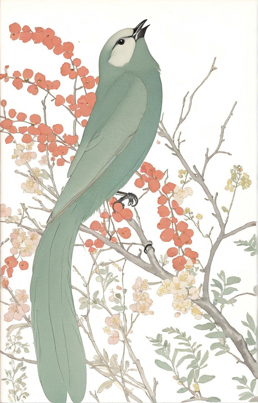Illustration of a bird on a branch with berries and leaves