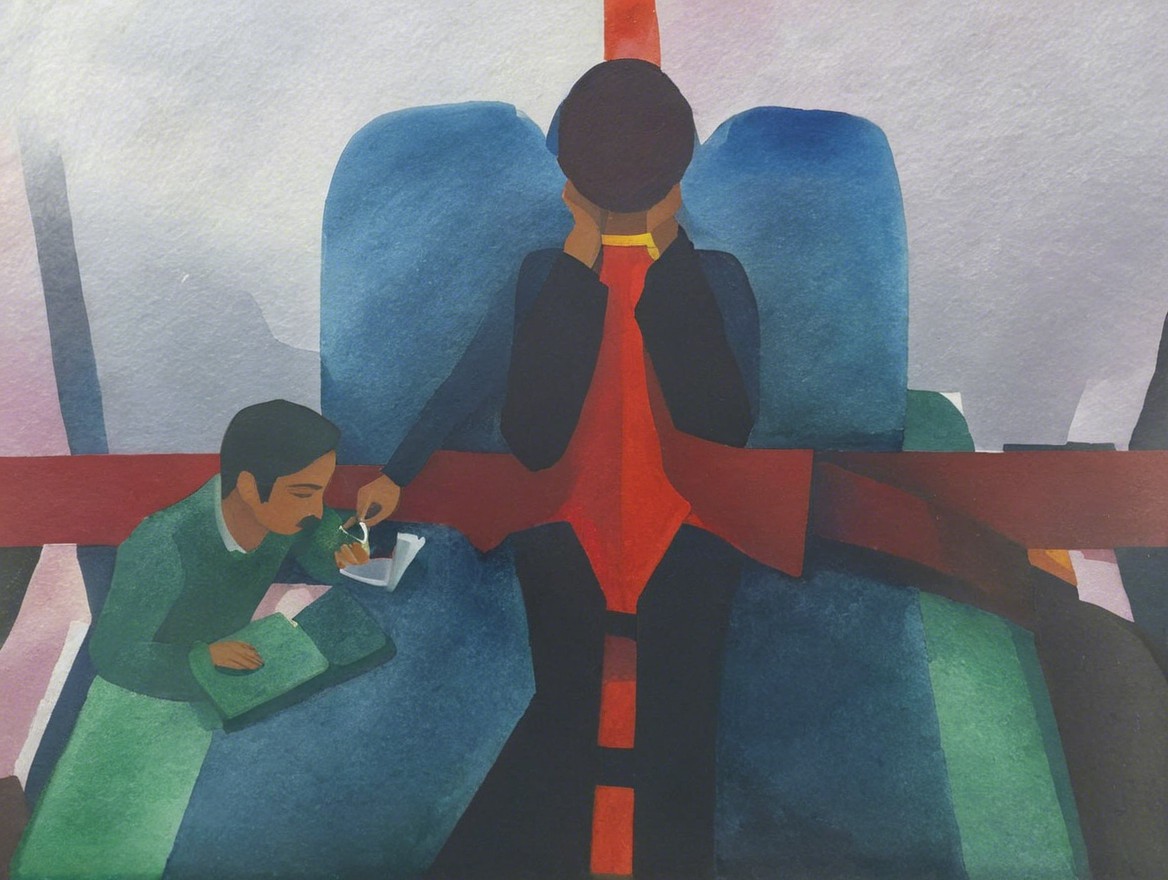 Stylized Train Scene with Two Figures in Reflection