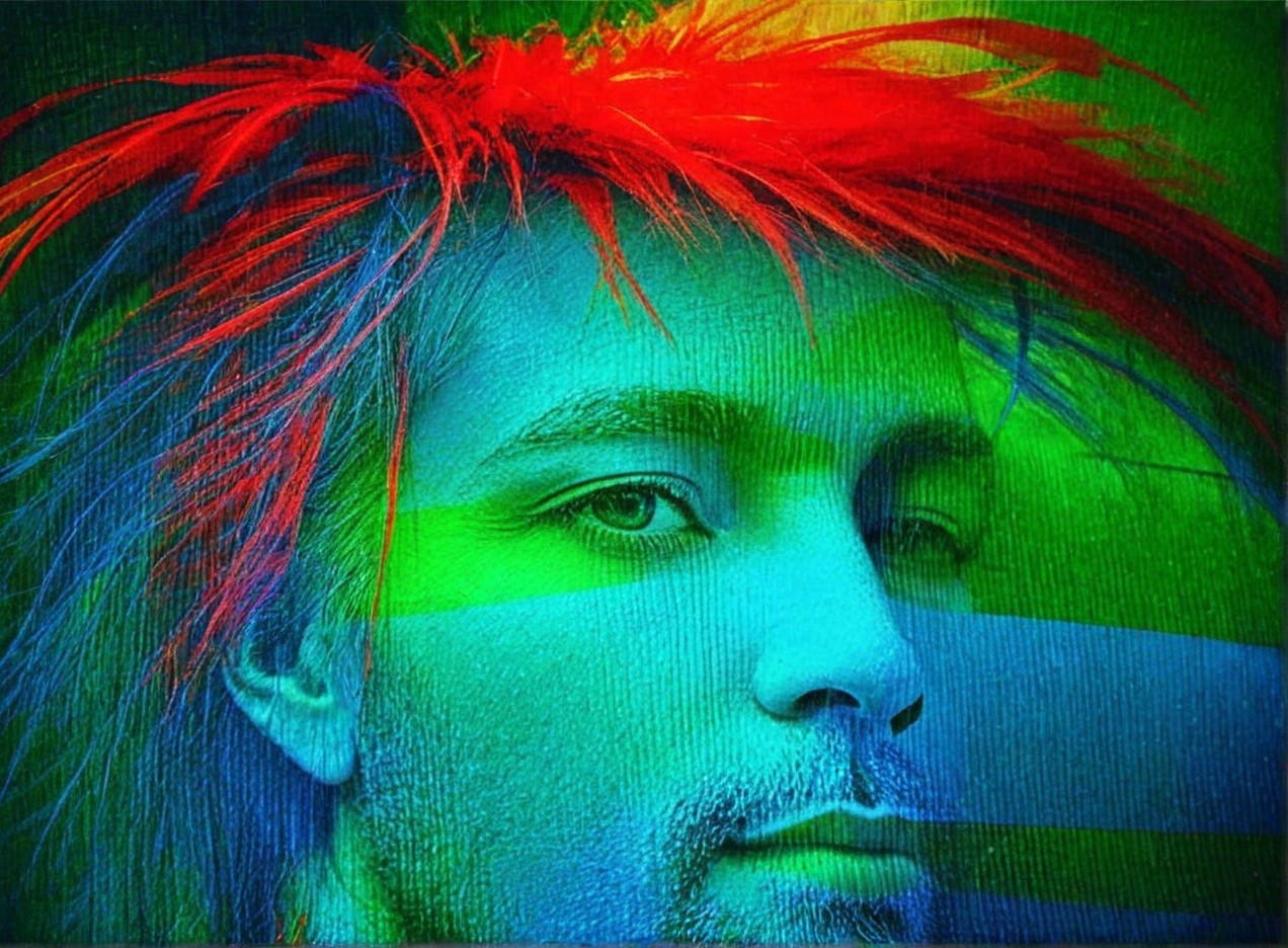 Person with vibrant spiky hair and contemplative expression