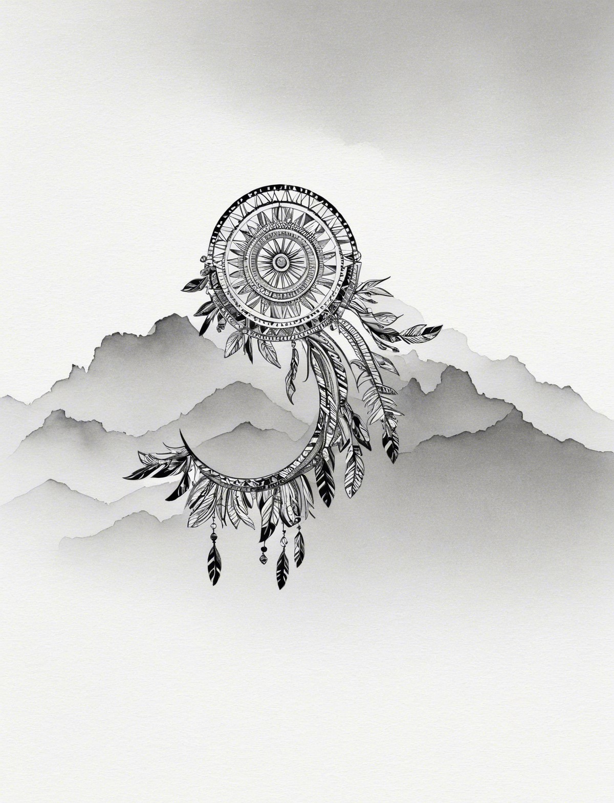 Intricate Black and White Dreamcatcher Line Drawing