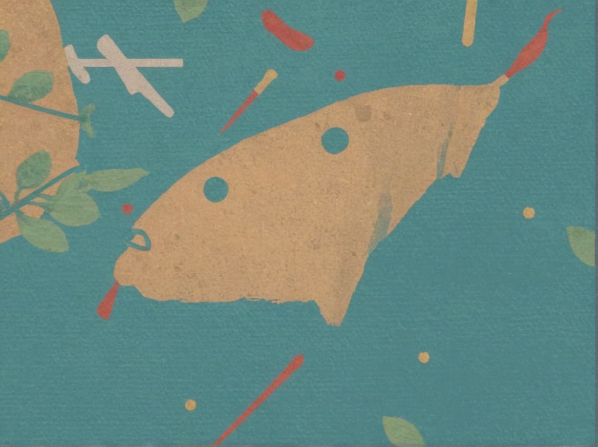 Vibrant abstract composition with fish and colorful elements