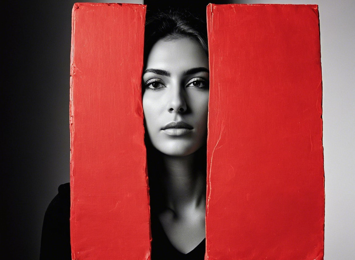 Black-and-white portrait of a woman with red panels