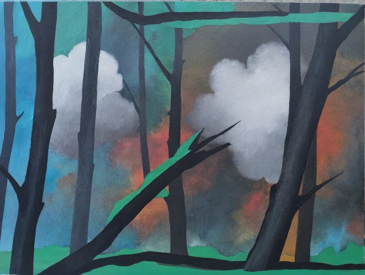 Stylized Forest Scene with Black Trees and Colorful Sky