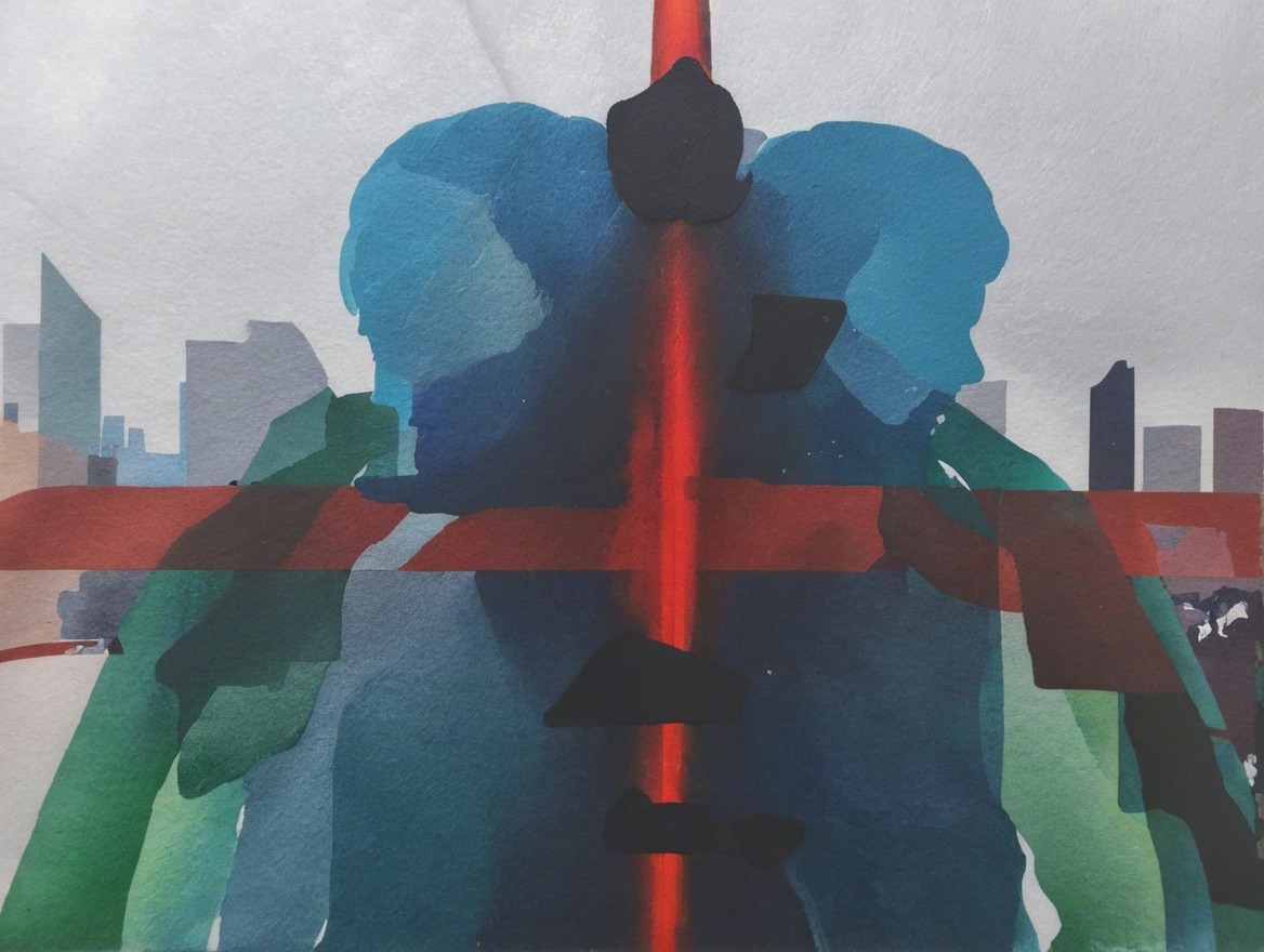 Abstract Watercolor with Bold Colors and City Skyline