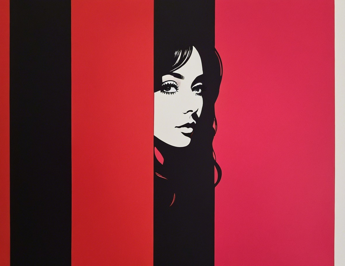 Graphic design of a woman's face with bold stripes