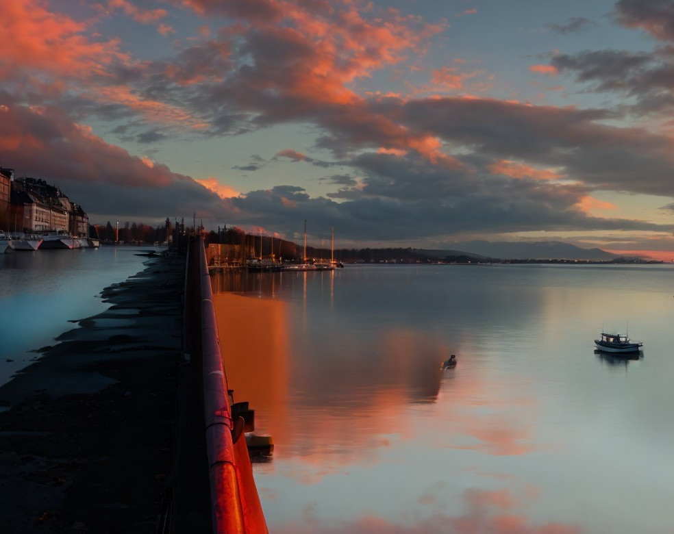 Serene Waterfront Sunset with Vibrant Cloud Reflections