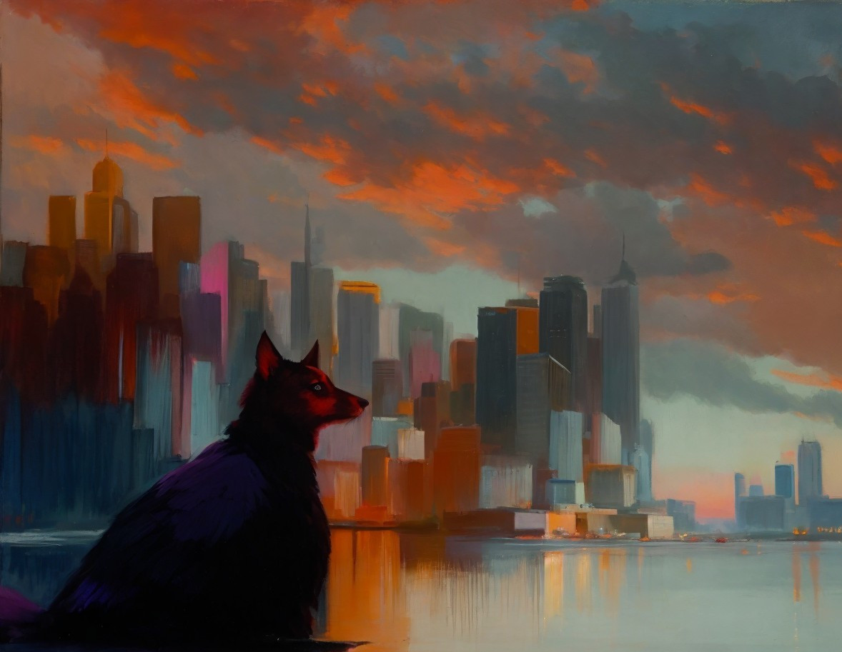 Dog Silhouette by Waterway with City Skyline at Sunset