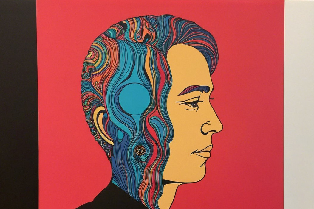 Stylized profile with vibrant colors on red background