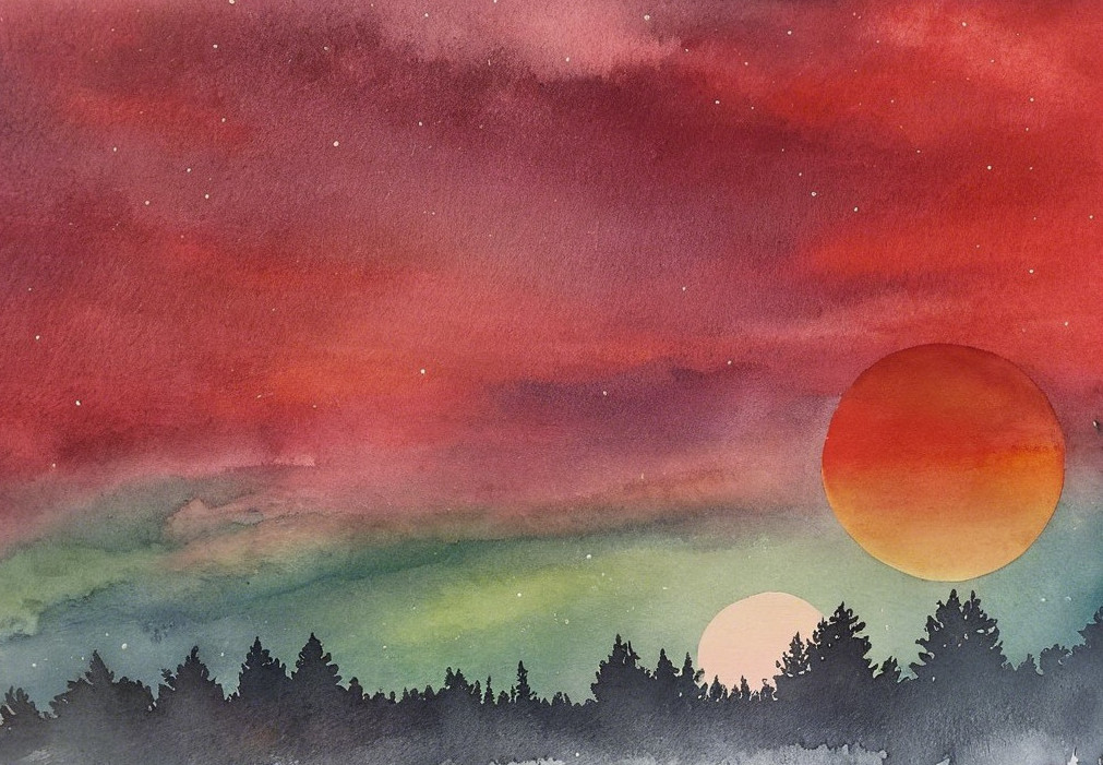 Vibrant Watercolor Landscape with Dramatic Sky and Suns