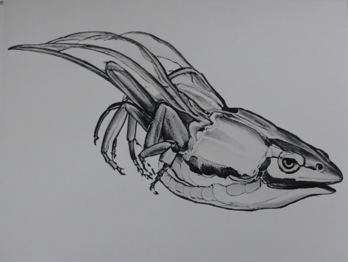 Detailed Black-and-White Illustration of a Frog-Like Creature