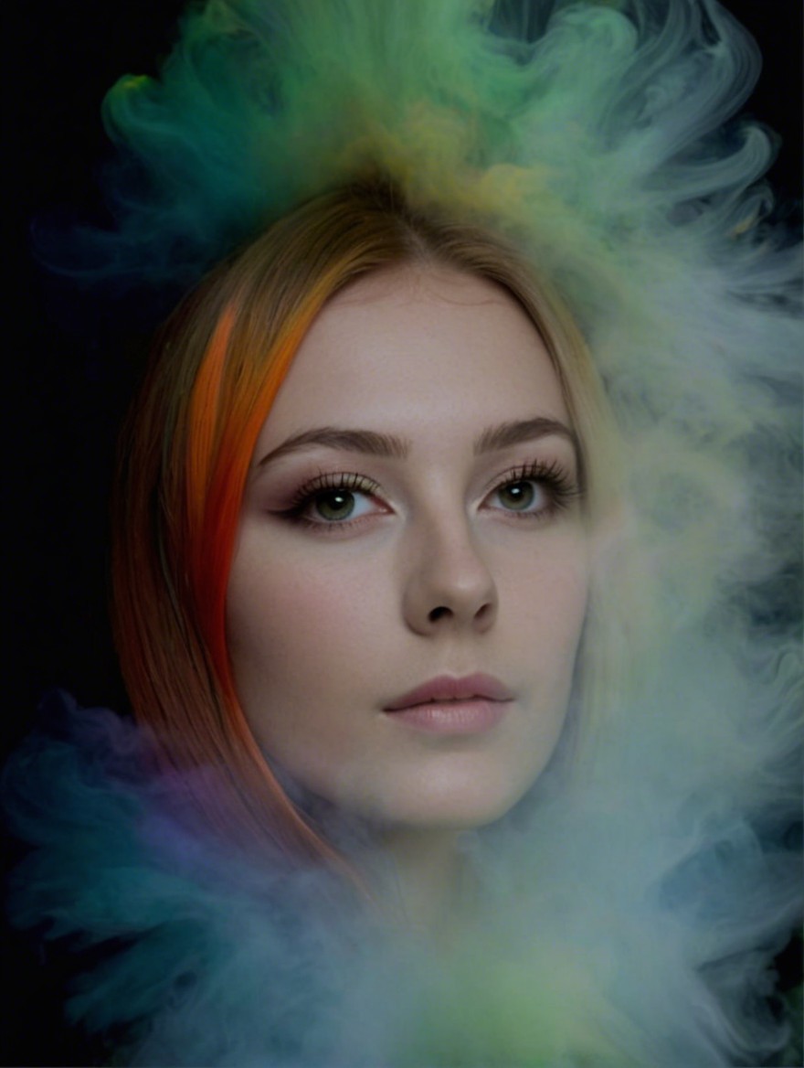 Portrait of a Young Woman with Colorful Smoke Background