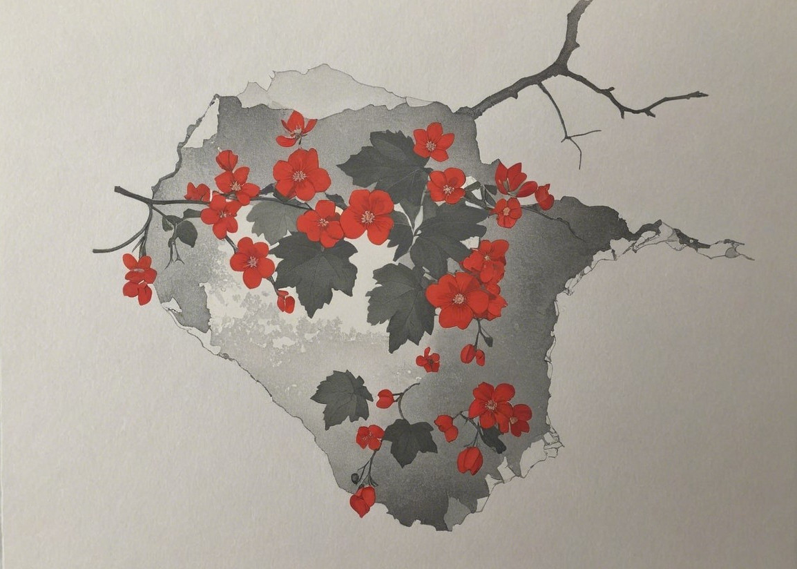 Vibrant Red Flowers Against Abstract Island Background